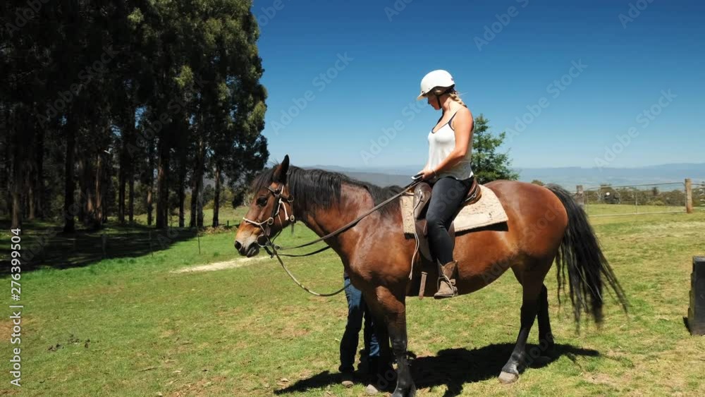 Slow motion of focused girl sitting on the back of a horse standing still. Slow motion of focused girl sitting on the back of a horse standing still.