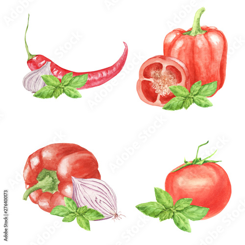  Watercolor set of paprika vegetable, tomato, chilli pepper, onion, basil leaf isolated on white background. red bell pepper, cayenne. Food journal, magazine, recipe book, menu . Eco, organic food.