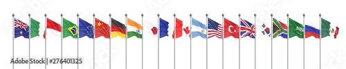 Waving flags countries of members Group of Twenty. Big G20 in Japan in 2020. Isolated on white. 3d rendering.  Illustration.