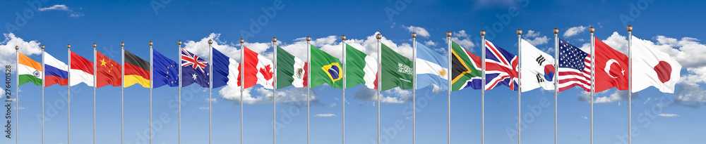 Waving flags countries of members Group of Twenty. Big G20 in Japan in 2020 . Blue sky background. 3d rendering.  Illustration.