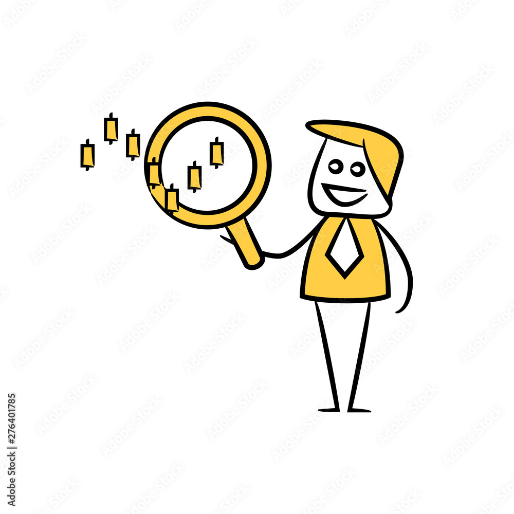 businessman holding magnifier and stock graph, doodle character design businessman holding magnifier and stock graph, doodle character design