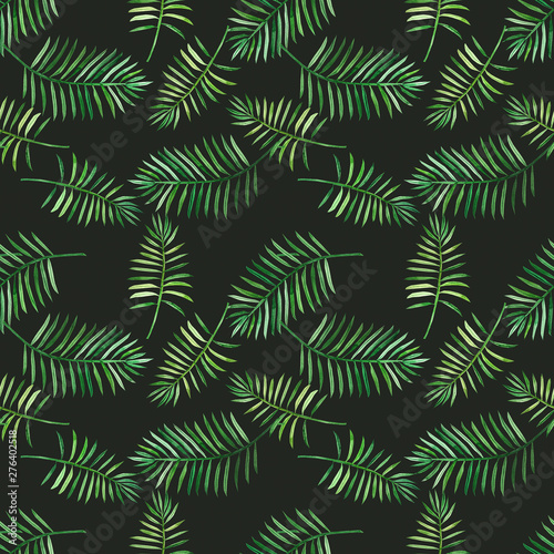 Fototapeta Naklejka Na Ścianę i Meble -  A seamless pattern with tropical leaves on a dark background, perfect for scrapbooking and gift wrapping, also suitable for prints on clothes. Hand-drawn watercolor on paper - digital clipart.