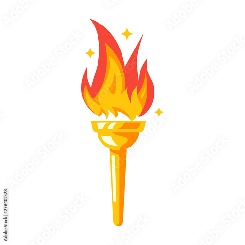 Torch icon. Fire symbol olympic games. Color flaming logo. Vector illustration flat design. Isolated on white background. Sign of sports competitions.