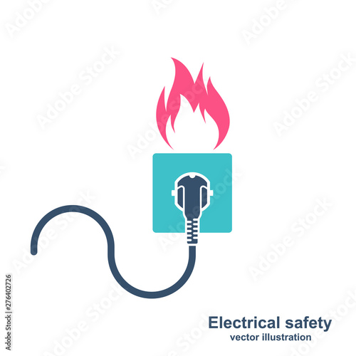 Colorful silhouette fire wiring. Socket and plug on fire from overload. Electrical safety concept. Vector illustration flat design. Short circuit electrical circuit. Broken electrical connection.