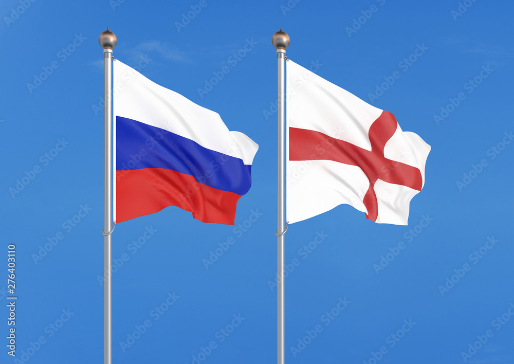 Russia vs England. Thick colored silky flags of Russia and England. 3D illustration on sky background. – Illustration