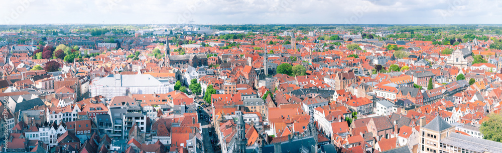 Large aerial view panorama of the historic part of Bruges, Belgium