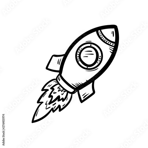 Handdrawn rocket doodle icon. Hand drawn black sketch. Sign symbol. Decoration element. White background. Isolated. Flat design. Vector illustration