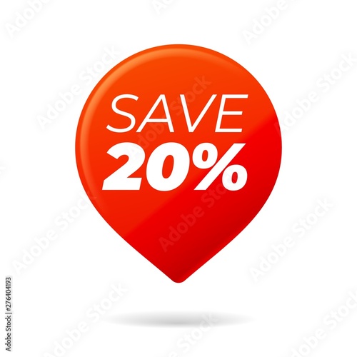 Red Pin on white background, save 20 percent