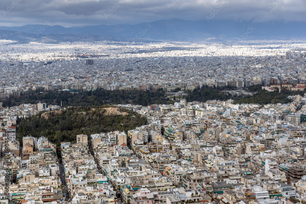 Panorama of city of Athens from Lycabettus hill, Greece