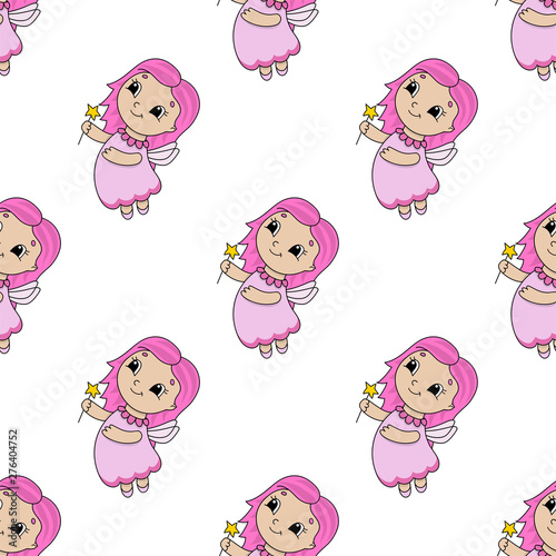 Happy fairy. Colored seamless pattern with cute cartoon character. Simple flat vector illustration isolated on white background. Design wallpaper, fabric, wrapping paper, covers, websites.
