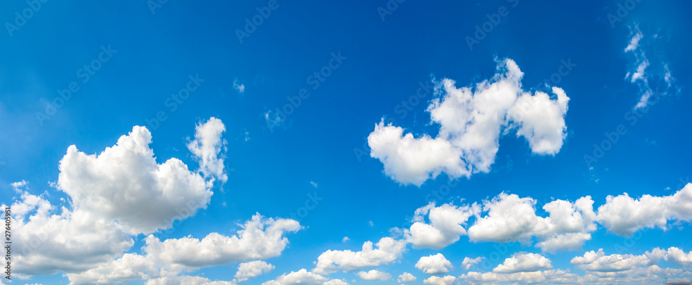 Blue clear sky shot background backdrop panorama with scattered clouds panoramic image of summer spring beautiful day