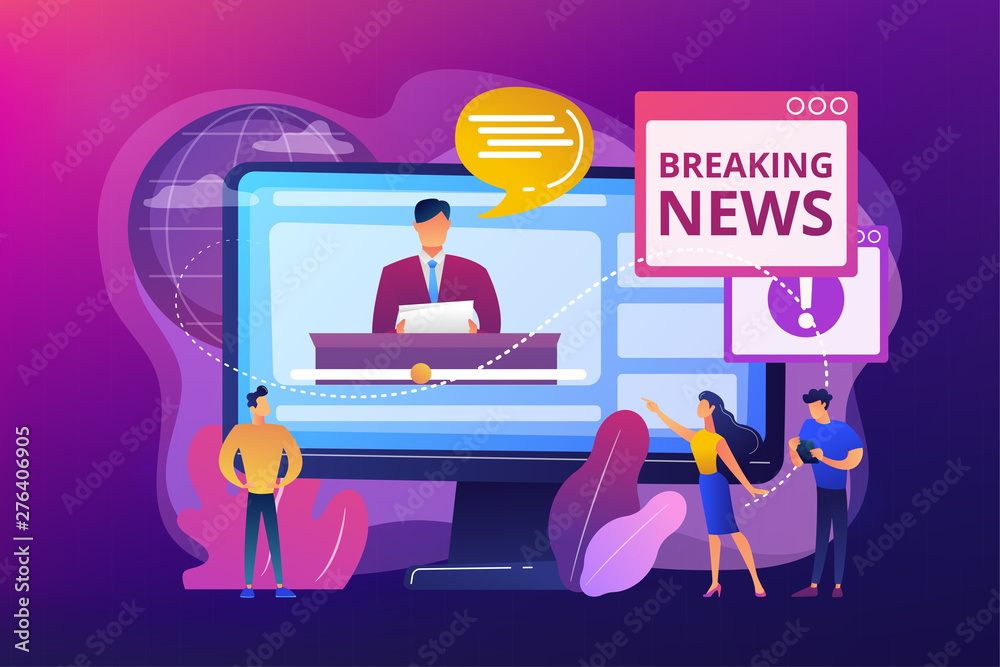 Press, mass media, broadcasting studio. Journalists, reporters characters. Hot online information, breaking news, headline news content concept. Bright vibrant violet vector isolated illustration