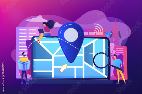 Digital GPS application for smartphones. Geotag sign on city map. Local search optimization, search engine targeting, local SEO strategy concept. Bright vibrant violet vector isolated illustration