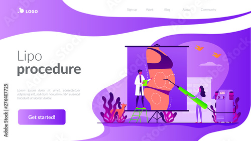 Body contouring, coolsculpting reconstruction. Surgeon and nurse characters consulting patient. Liposuction, lipo procedure, fat removal surgery concept. Website homepage header landing web page