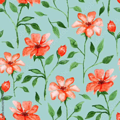 Beautiful red flowers  watercolor painting - hand drawn seamless pattern with blossom on blue background
