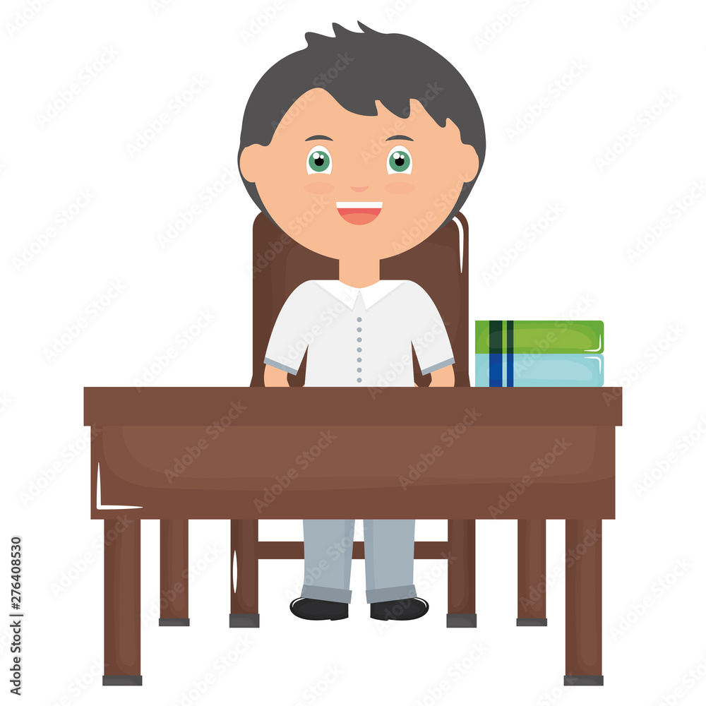 cute little student boy with books in schooldesk