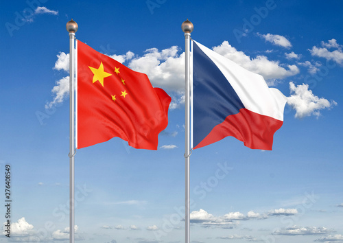 China vs Czech Republic. Thick colored silky flags of European Union and Belgium. 3D illustration on sky background. – Illustration