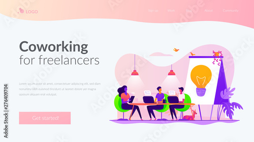 Remote work, colleagues brainstorming and searching solution. Coworking of freelancers, teamwork and communication, independent activity concept. Website homepage header landing web page template.