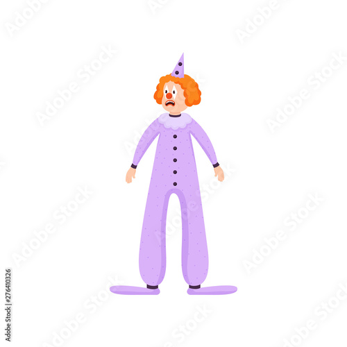 Sad red hair clown with violet long clothes