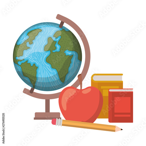 earth globe with books and apple fruit on white background