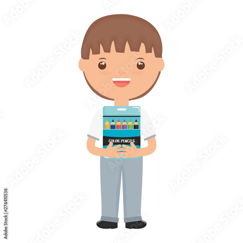 cute little student boy with colors pencils box