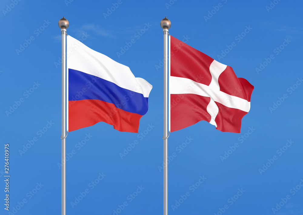 Russia vs Denmark. Thick colored silky flags of Russia and Cyprus. 3D illustration on sky background. – Illustration Russia vs Denmark. Thick colored silky flags of Russia and Cyprus. 3D illustration on sky background. – Illustration