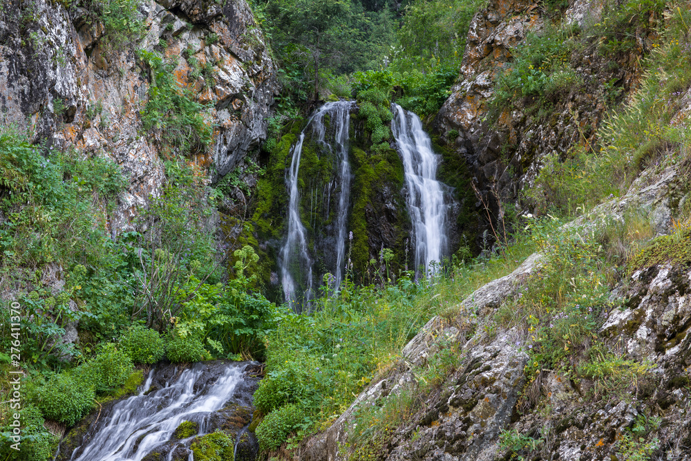 mountain wooded waterfall among the rocks in summer