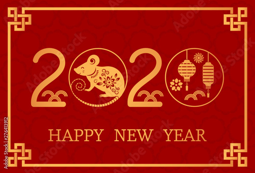 Postcard with the Chinese New Year 2020 rat on the astrological calendar. flat isolated vector