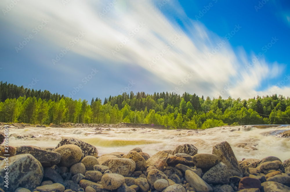 Beautiful waterscape with white moving cloud and waterfall from uphill in majestic outdoor in northern europe Beautiful waterscape with white moving cloud and waterfall from uphill in majestic outdoor in northern europe