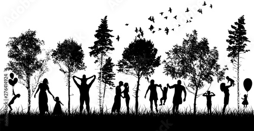 The silhouettes of families in the park together. Happy people in the park. Vector