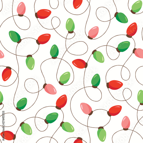 Red and Green Holiday Christmas and New Year Intertwined String Lights on White Background Vector SEamless Pattern
