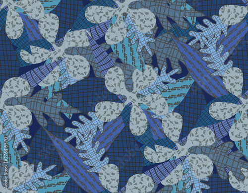 Seamless pattern of fabric scraps. Flowers and leaves from pieces of cloth. Tropical plants.