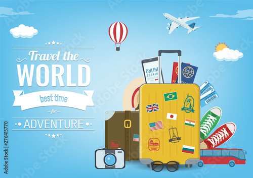 Travel composition with travel equipment. Travel and Tourism concept. Vector