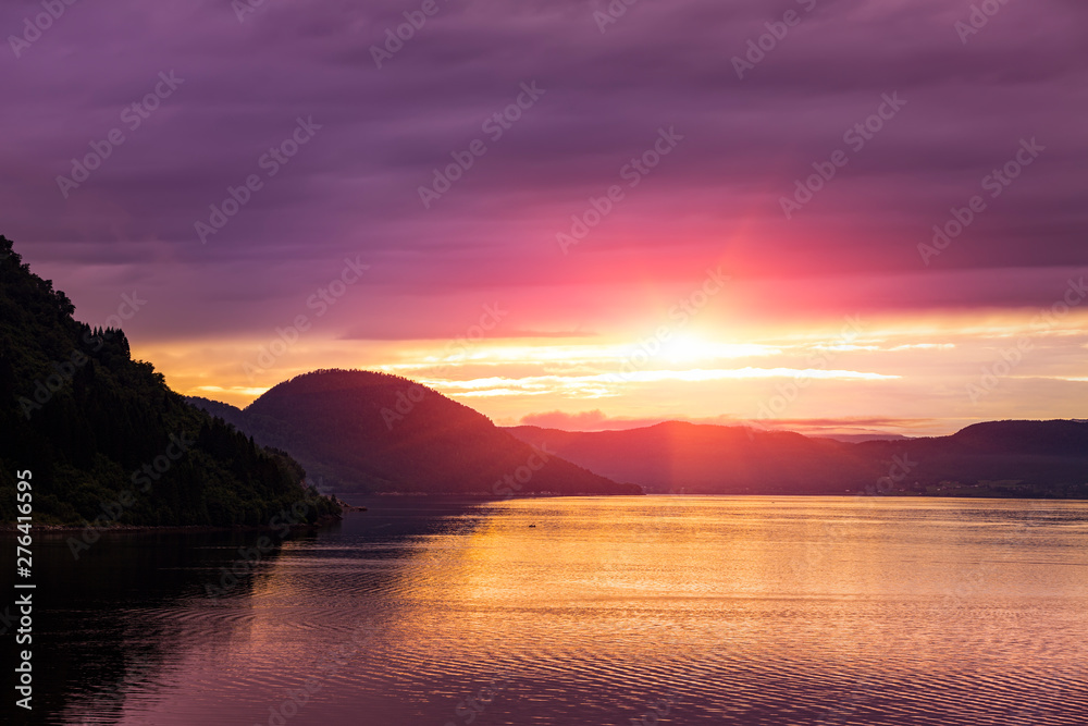 Norway, Beautiful Sunset Over mountain and fjord, Norway