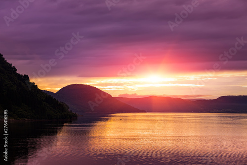 Norway, Beautiful Sunset Over mountain and fjord, Norway