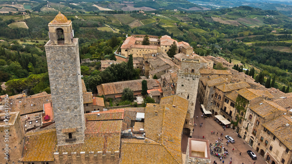 Panoramic aerial view of the city and surrounding countryside from the towers of San Gimignano in Tuscany, Italy