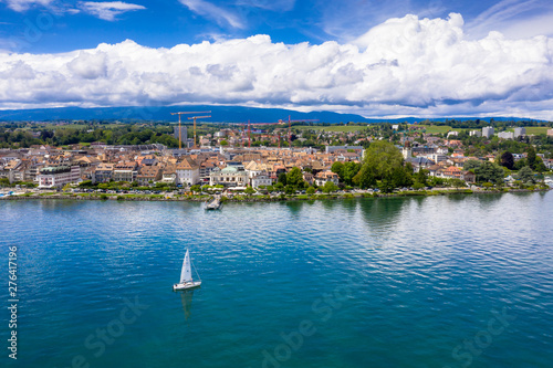 Aerial view of Morges city waterfront in the border of the Leman Lake in  Switzerland