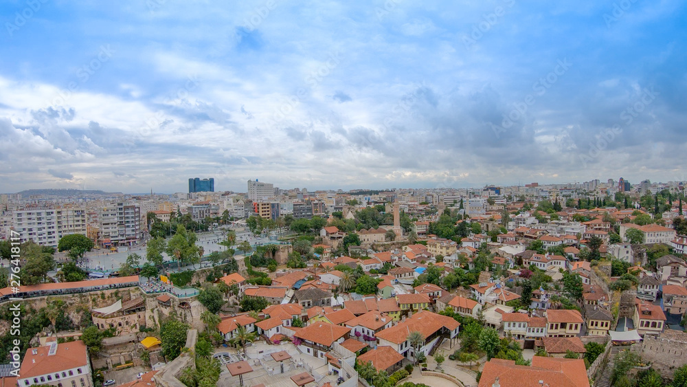 Fototapeta premium View of the old Antalya from the height of the drone or bird's-eye view. This is the area of the old town and the old harbor.