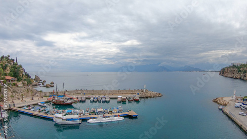 View of the old Antalya from the height of the drone or bird's-eye view. This is the area of the old town and the old harbor.