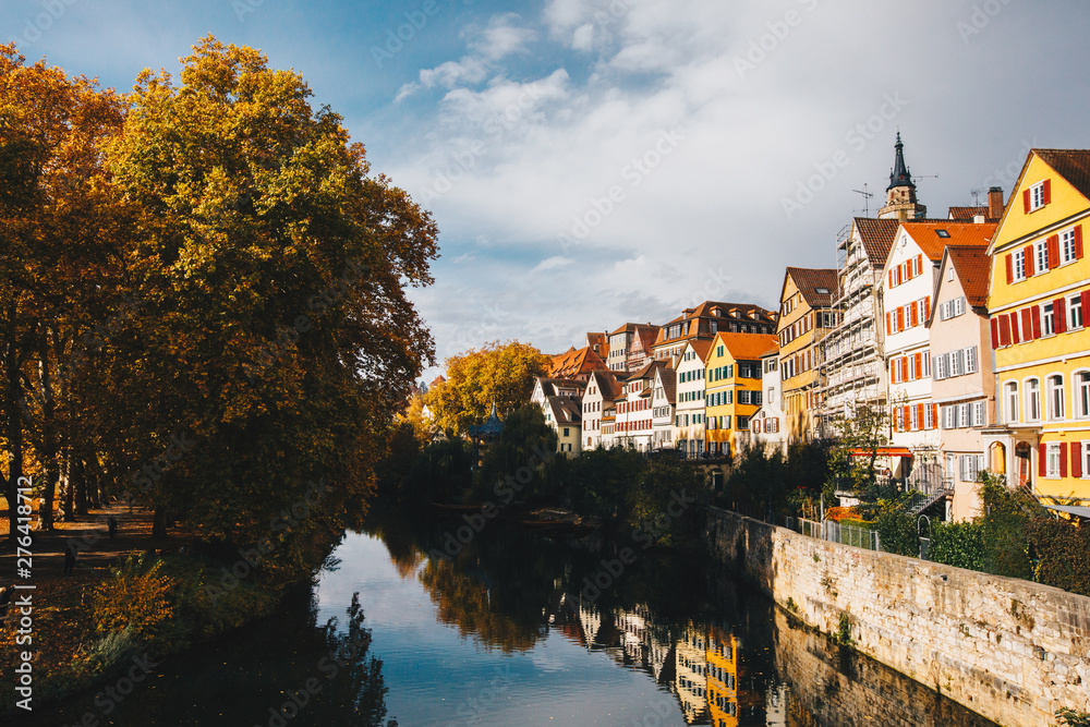Fototapeta premium Tuebingen in the Stuttgart city ,Germany Colorful house in riverside and blue sky. Beautiful old city in Europe.