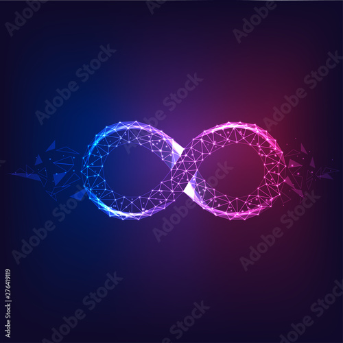 Futuristic glowing low polygonal purple to blue infinity symbol isolated on dark background.