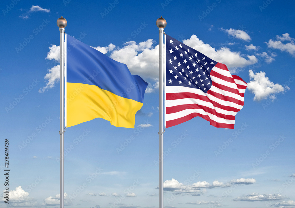 Ukraine vs United States of America. Thick colored silky flags of Ukraine and United States of America. 3D illustration on sky background. – Illustration