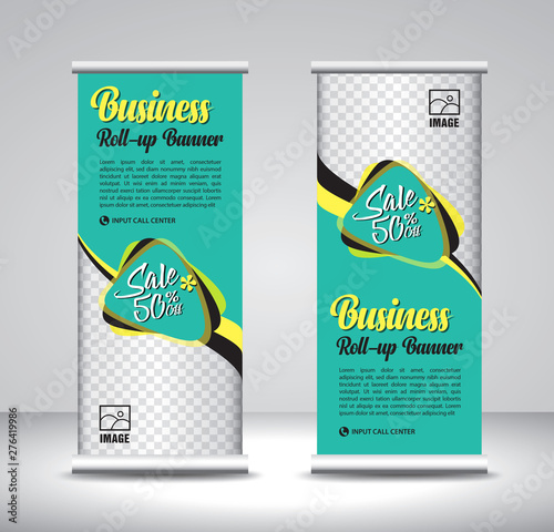 Green Roll up banner template vector, banner, stand, exhibition design, advertisement, pull up, x-banner and flag-banner layout, wave background