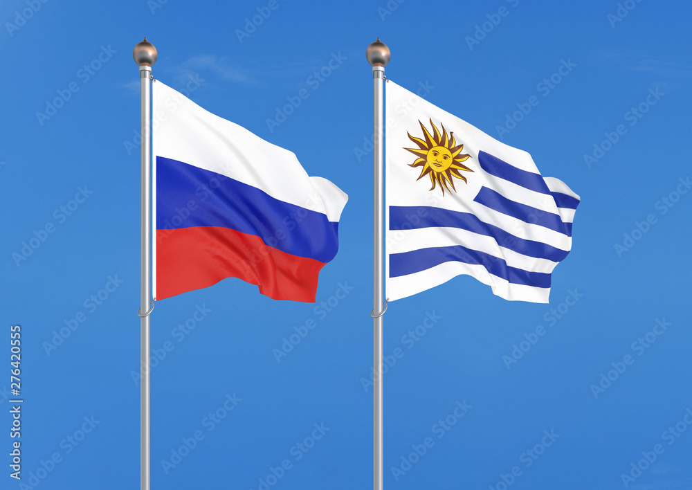 Russia vs Uruguay. Thick colored silky flags of Russia and Uruguay. 3D illustration on sky background. – Illustration Russia vs Uruguay. Thick colored silky flags of Russia and Uruguay. 3D illustration on sky background. – Illustration