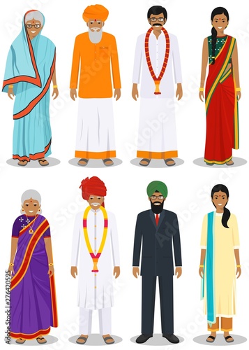 Set of different standing indian old and young adult people in the traditional clothing isolated on white background in flat style. Differences men and women in the national east dress. Vector.