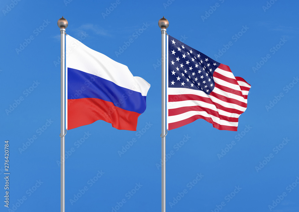United States of America vs Russia. Thick colored silky flags of America and Russia. 3D illustration on sky background. – Illustration