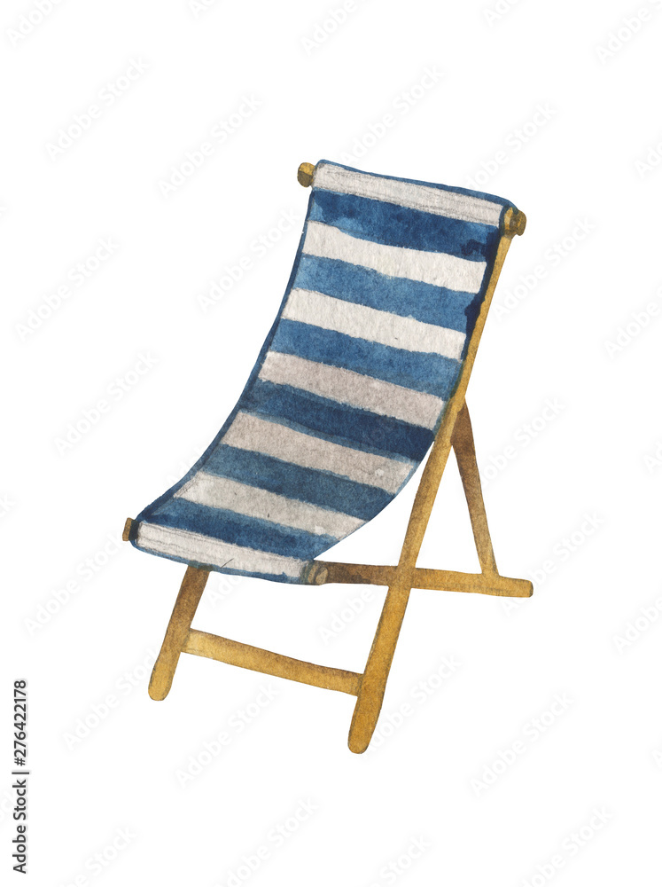 Watercolor striped striped blue and white beach chair on a white background. For design compositions on the theme of summer holidays, vacations, holidays on the ocean, sea or near the pool.