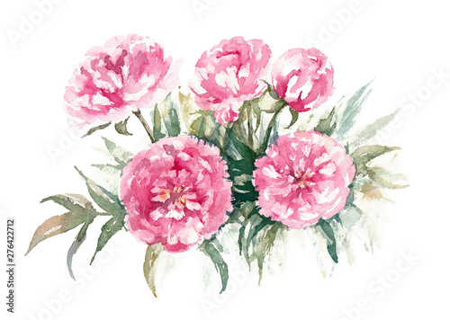 Walter Faxon Peony. Bouqet of vivid pink peonies with double flowers. Watercolor illustration.