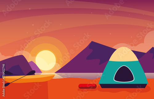 camping zone with tent sunset scene