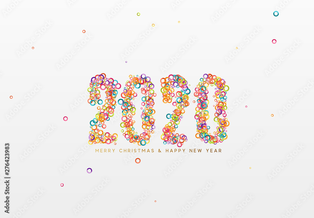 2020 New Year. Text of shiny colorful confetti, tinsel sparkles with bright serpentine. Numbers multicolored 2020 New Year. Text of shiny colorful confetti, tinsel sparkles with bright serpentine. Numbers multicolored